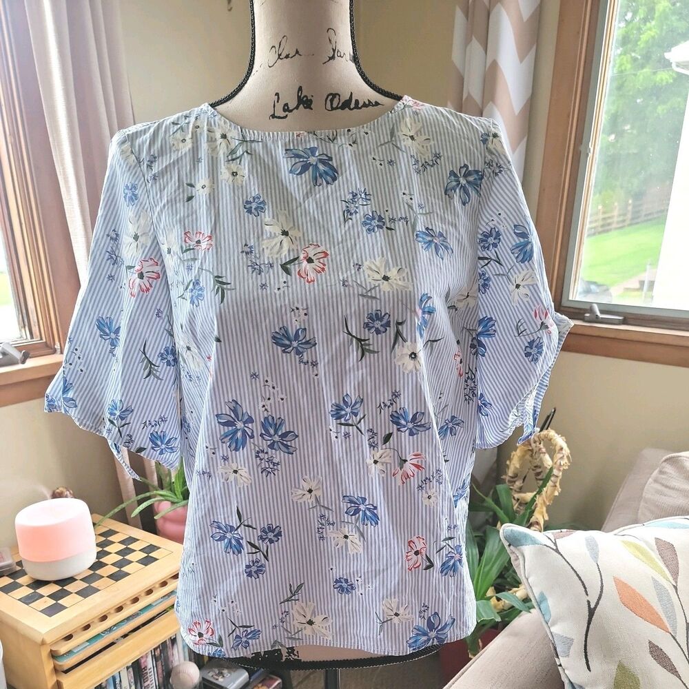 Women's H&M Cotton Floral Striped Blouse Size 4 Preppy Bow Sleeves Summer Flowy